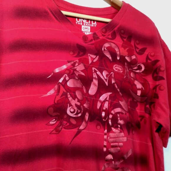 Ecko Unltd The Exhibit Shirt Men 2XL Red Stripe Y2K Foil Graphic Retro V Neck - Picture 9 of 13